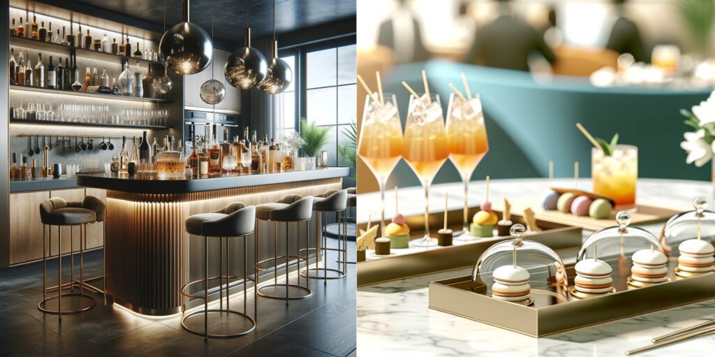 a kitchen island transforms into a chic bar. Stylish trays and cloches let you prep signature cocktails or display petit fours and macarons for an elegant passed course.