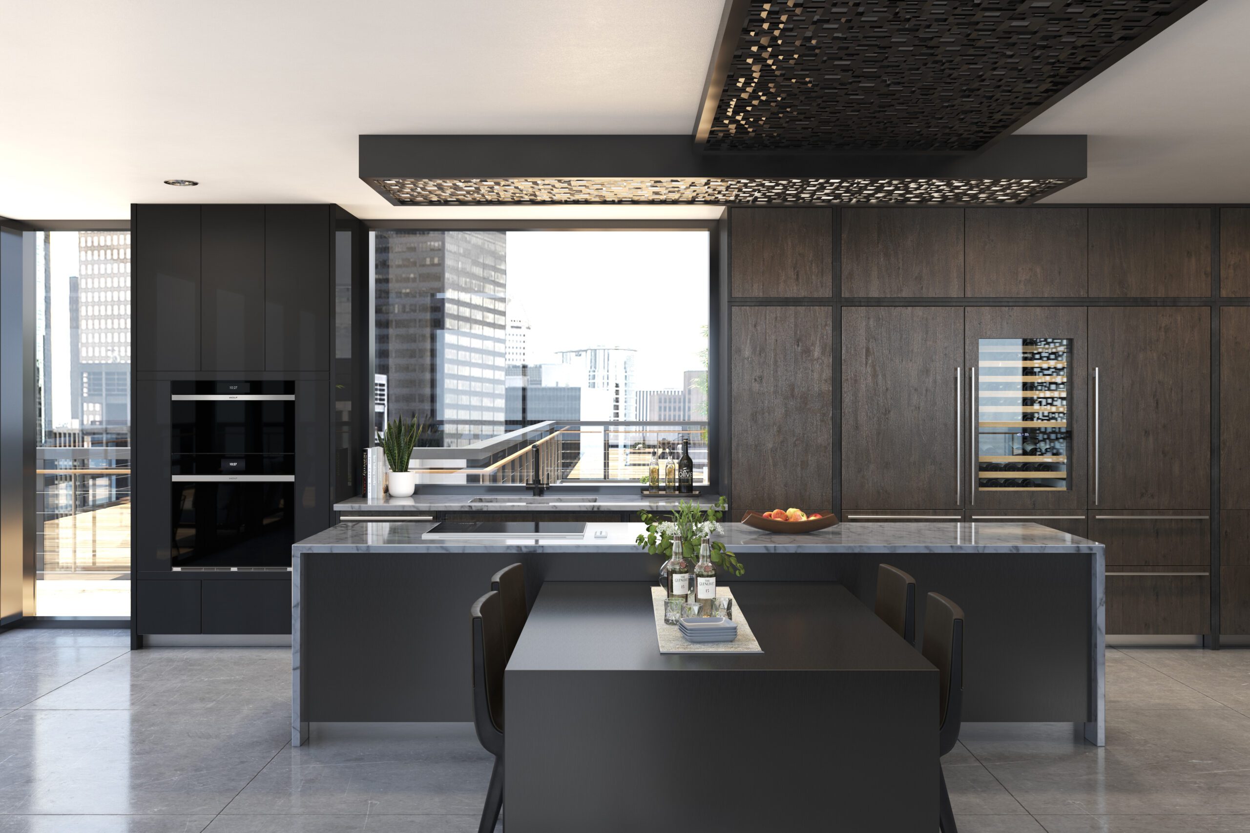 A contemporary kitchen with a monochromatic color scheme featuring modern appliances, a wine storage unit, and a cityscape view.